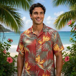 Island Shores Men's 100% Silk Tropical Print Short Sleeve Button Up, Size L